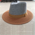 Vente en gros Flat Brim Straw Fedora Sun Hat with Fabric Crown